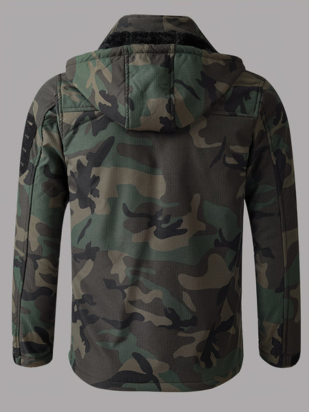 Men's Autumn and Winter Plush and Thick Fleece Suit Jacket, Long Pants, Warm Outdoor Wear Resistant Hiking, Multi Pocket Plush Suit Jacket Set, Detachable Hat Zipper Outdoor Jacket Set, Workwear Camouflage