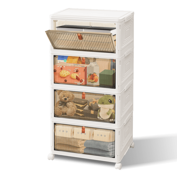 Storage Boxes with Lid - 3/4/5 Tier Plastic Storage Box with Lid, Stackable Storage Boxes with Wheels, Storage Drawers with Front Door, Plastic Box for Home and Office, White