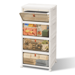 Storage Boxes with Lid - 3/4/5 Tier Plastic Storage Box with Lid, Stackable Storage Boxes with Wheels, Storage Drawers with Front Door, Plastic Box for Home and Office, White