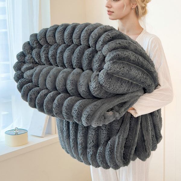 Premium Polyester Ribbed Throw Blanket Ultra Soft Faux Rabbit Fur Warm Lightweight Blanket for Home Office Camping All Seasons UK Brand Fast Delivery
