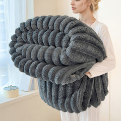 Premium Polyester Ribbed Throw Blanket Ultra Soft Faux Rabbit Fur Warm Lightweight Blanket for Home Office Camping All Seasons UK Brand Fast Delivery