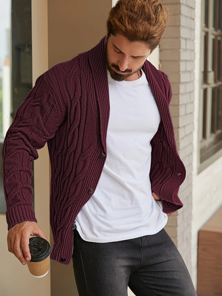 Men'S Solid Cable Knit Cardigan Fall Winter Button-Up Knit Coat