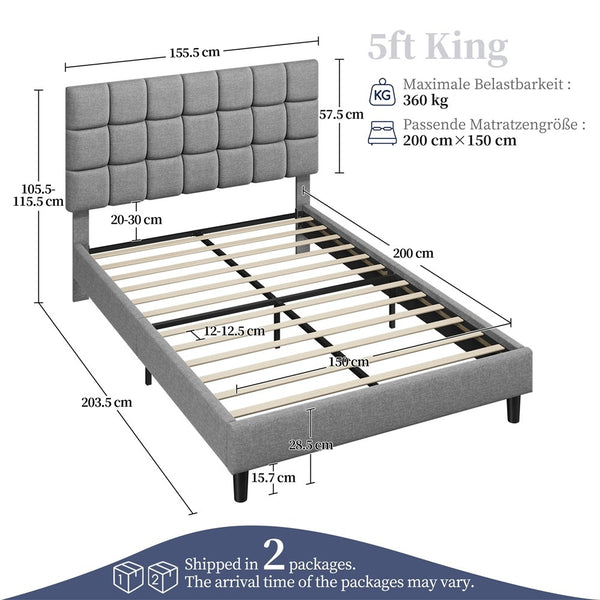 Costoffs Upholstered Bed Frame, Fabric Bed Frame with Fabric Headboard, Modern Platform Bed Frame with Strong Wooden Slats, Support and Square Tufted Headboard Height Adjustable, Double/King, Dark Gray/Light Gray/Beige