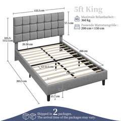 Costoffs Upholstered Bed Frame, Fabric Bed Frame with Fabric Headboard, Modern Platform Bed Frame with Strong Wooden Slats, Support and Square Tufted Headboard Height Adjustable, Double/King, Dark Gray/Light Gray/Beige