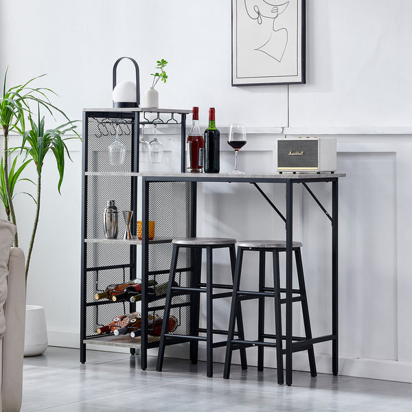 3pcs Bar Table and Stools Set, Kitchen Breakfast Bar Table and Chairs Set 2 with Cup Holder and Wine Rack, Bar Table Sets Furniture for Kitchen, Dining Room, Pub, Cafe