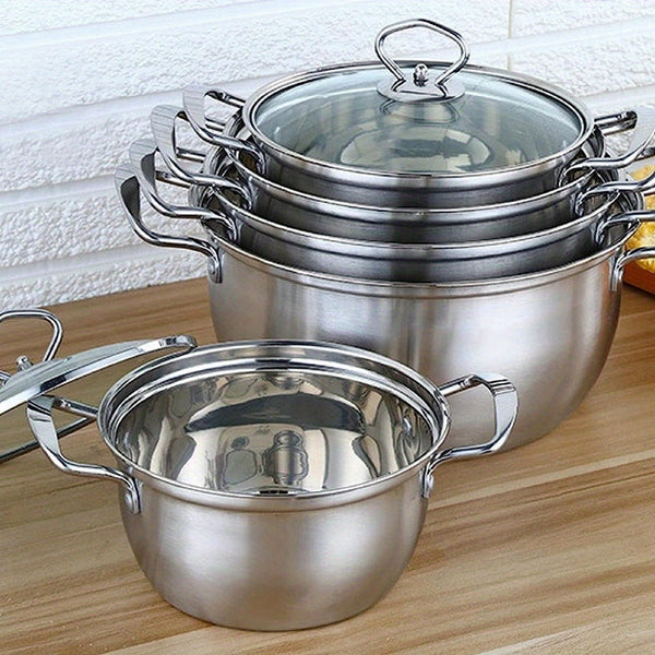 kitchen 5pcs Stainless Steel Pot Professional Induction-Safe Pot with Glass Lid Not-Sticky Hot Pot Double Ear Soup Pot