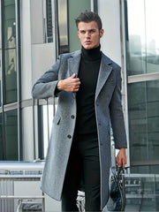 New Autumn/Winter Tweed Overcoat for Men, Long Length, Painted Finish, Warm and Thickened Tweed Outerwear, Men's Casual Wool Blend Jacket Trench Coat