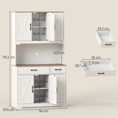 175 cm Tall Kitchen Pantry Cabinet with Microwave Stand, Farmhouse Kitchen Hutch, Freestanding Pantry Cupboard with 2 Drawers, 2 Adjustable Shelves and Cable Management, White