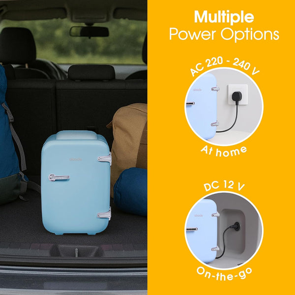 Abode Blue Mini Fridge A4CLR201BL 4L/6 Can Portable Thermoelectric Mini Cooler & Warmer for Drinks, Cosmetics/Makeup/Skincare, AC/DC Power, Retro Style, for Bedroom, Home, Caravan, Car