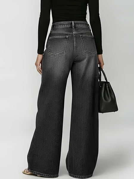 New Retro Style Denim Jeans for Women, with Metal Eyelets Designed for Casual And Loose Fit, High Waisted And Wide Leg Jeans, Street Cool Women'S Clothing, Black Retro Blue Light Blue Women'S Straight Leg Denim Pants