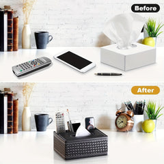 Multi-Functional Faux Leather Tissue & Storage Box with 4 Compartments, Includes Remote Control & Household Napkin Storage, Wipe-Clean in Seconds, Ideal for Living Room, Study & Café Countertops, Perfect for Home Supplies, Back to School & Festive Decorat