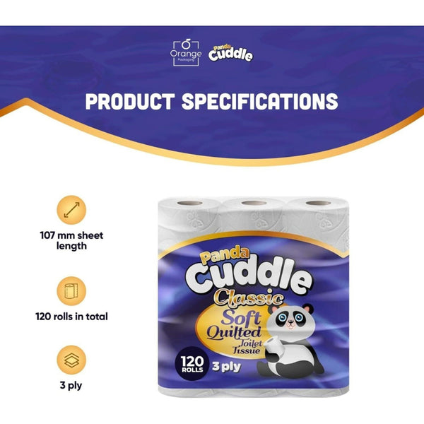 Panda Cuddle ‑ Maxi Value Pack of 120 Rolls 3 Ply Quilted Toilet Paper – Ultra Soft & Gentle Bulk Loo Rolls, Bulk Bathroom Tissue - Gentle Bathroom Tissue, Unscented - Pack of 120