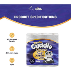 Panda Cuddle ‑ Maxi Value Pack of 120 Rolls 3 Ply Quilted Toilet Paper – Ultra Soft & Gentle Bulk Loo Rolls, Bulk Bathroom Tissue - Gentle Bathroom Tissue, Unscented - Pack of 120