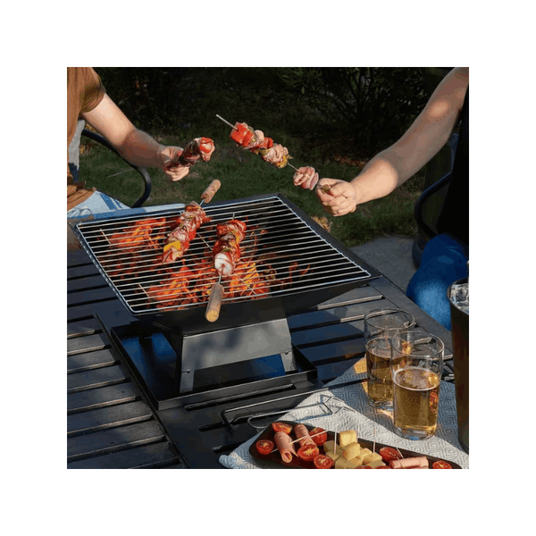 Square Fire Pit with BBQ Grill Heater Outdoor Garden Black Barbeque Metal Brazier Patio Decor Firepit Stove Portable Heat Mesh Cover for Camping or Picnics