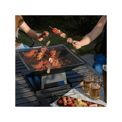 Square Fire Pit with BBQ Grill Heater Outdoor Garden Black Barbeque Metal Brazier Patio Decor Firepit Stove Portable Heat Mesh Cover for Camping or Picnics