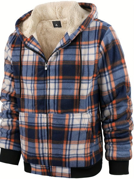 Men's Heavyweight -Lined Hooded Jacket - Full-Zip Plaid Thickened Shirt with Pockets and Adjustable Drawstring, Comfortable and Warm for Autumn and Winter