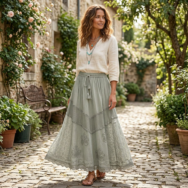 Women'S Indian Boho Maxi Skirt, Embroidered Drawstring Tiered Skirt 18654