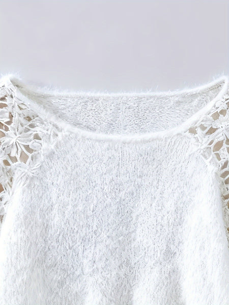 Women's Hollow-Out Lace Off-Shoulder Lace Sleeve Patchwork Pullover Sweater, Fluffy and Elegant