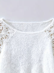Women's Hollow-Out Lace Off-Shoulder Lace Sleeve Patchwork Pullover Sweater, Fluffy and Elegant