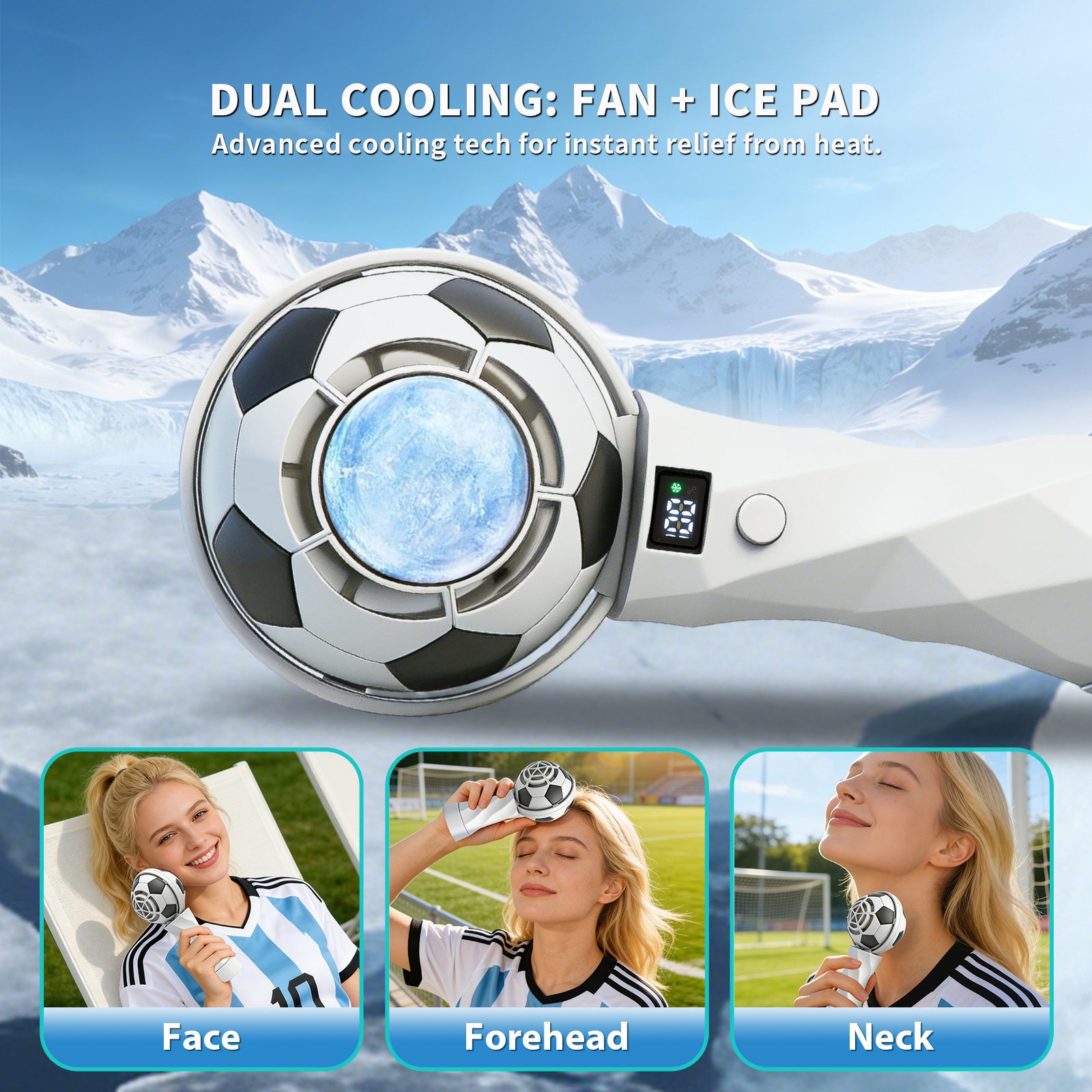 Portable Football Design Handheld Fan, USB Rechargeable Mini Fan, High-Velocity Portable USB Cooling Fan with Digital Display, Mini Soccer Desk Fan for Sports & Travel