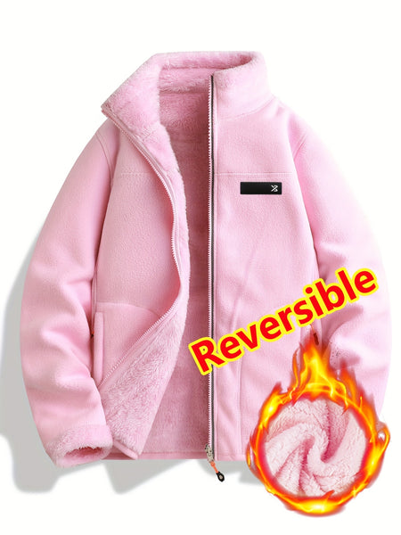 Women's Spring Casual Jacket, Thickened Shaggy Warm Printed Reversible Coral Sweatshirt, Double-Sided Outerwear