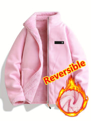 Women's Spring Casual Jacket, Thickened Shaggy Warm Printed Reversible Coral Sweatshirt, Double-Sided Outerwear
