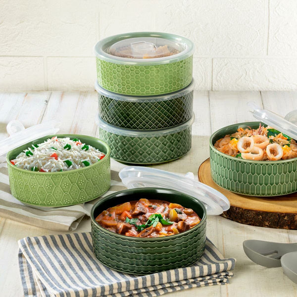 Signature Stoneware Bowls with Lids in Green, 6 Pack