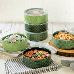 Signature Stoneware Bowls with Lids in Green, 6 Pack