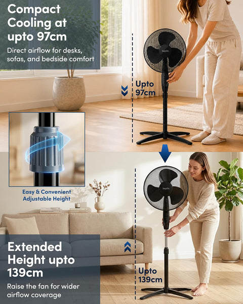 Keplin 16 Inch Stand Fan Adjustable Pedestal Cooling Fan with 3 Speed Settings Tilt Head Quiet AC Motor Energy Efficient 45W Stable Base for Home Bedroom Office Air Circulation Cooling Solution, Black