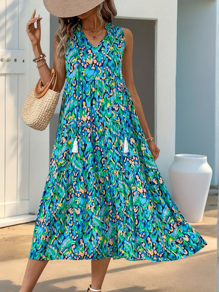 Spring/Summer Vacation Women'S Sleeveless Bohemian Style Fringed Tie-Up Printed Dress