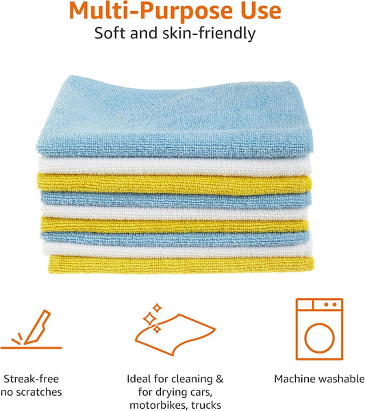 Amazon Basics Microfibre Cleaning Cloth, Pack of 24, Multi Colored, Blue, Orange & White, 40.5 Cm X 30.5 Cm