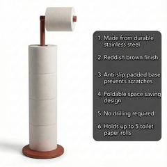 ZISH Toilet Roll Holder Free Standing - Stainless Steel Bathroom Toilet Paper Organizer and Dispenser - No Drill Toilet Roll Stand Freestanding - Up to 5 Toilet Roll Storage