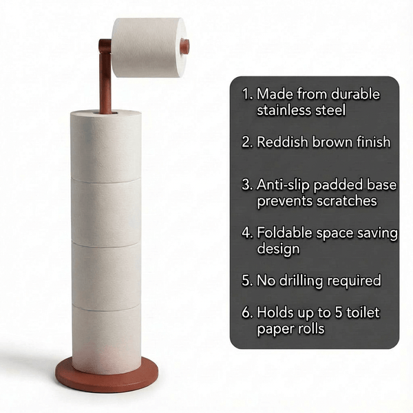 ZISH Toilet Roll Holder Free Standing - Stainless Steel Bathroom Toilet Paper Organizer and Dispenser - No Drill Toilet Roll Stand Freestanding - Up to 5 Toilet Roll Storage