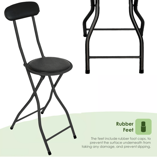 Black Folding Bar Stool Padded High Back Chair Stools For Breakfast Bars Kitchens Foldable Seat Non Slip Feet Durable Frame Lightweight Easy to Fold Ready to Use