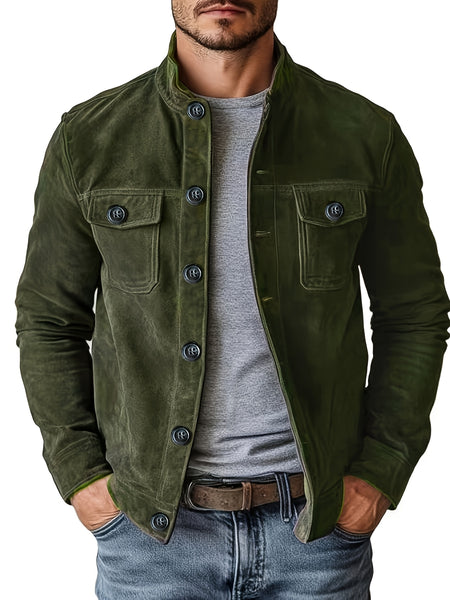 Men'S Casual Velvet Jacket with Pockets, Casual Long Sleeve Stand Collar Button-Up Coat