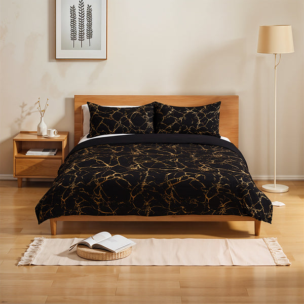 Gold Marble Print Quilt Cover and Pillowcase Bedding Set, Light Luxury High-end Creative Design Bedding Three-piece Set, 2 Pillowcases and 1 Quilt Cover, Soft and Comfortable Bed Three-piece Set for All Seasons, Black