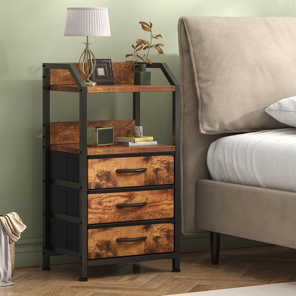 Industrial Rustic End Table with Storage - Nightstand with 3 Fabric Drawers & 2 Shelves, Wood & Metal Bedside Table Suitable for Bedroom, Living Room, Small Spaces - Assembly, Space-Saving