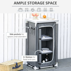 Outsunny Outdoor 3-Shelf Camping Cupboard Kitchen Station Cook Table Grey