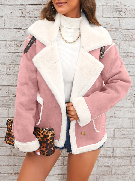 Women's Elegant Lapel Collar Plush Jacket with White Fur-Like Trim - Winter Warm Coat, Structured Fit Front Button Closure, Hand Washable Outerwear for Daily Travel & Holiday Outfits (Solid Color, Autumn/Winter) - Versatile Casual to Semi-Formal Wear