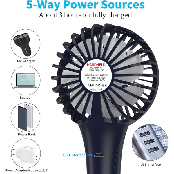 KOOPAO Handheld Mini Fan Rechargeable 2500mAh | Portable USB Desk Fan with 3 Speeds | Quiet Personal Fan with Stand & Phone Holder for Home Office Travel