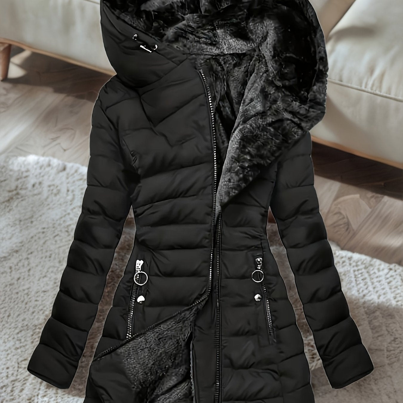 Women's Winter Fleece-Lined Hooded Jacket - Mid-Length Relaxed Fit Coat with Zipper Front, Long Sleeve Casual Outerwear for Cold Weather