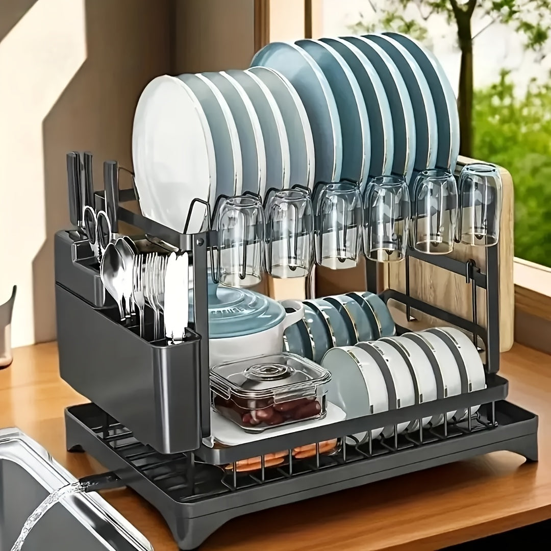 2 Tier Dish Drainer Rack for Kitchen Counter - Space-Saving Dish Rack with Utensil Holder and Cutting Board Holder Large Capacity Drying Rack with Draining Board, Black