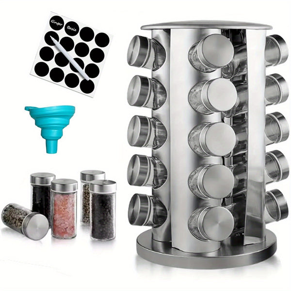 1Set Rotating Spice Rack with Glass Containers - 20pcs Refillable Spice Jars, Black Lids & Labels, Wall-Mounted Kitchen Organizer for Spices, Herbs, and Seasonings, Space-Saving Design for Countertop or Pantry, Spice Jars for Kitchen, Countertop Storage,