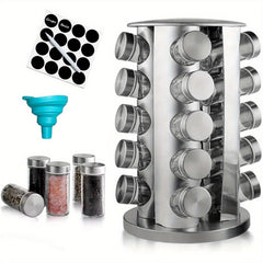1Set Rotating Spice Rack with Glass Containers - 20pcs Refillable Spice Jars, Black Lids & Labels, Wall-Mounted Kitchen Organizer for Spices, Herbs, and Seasonings, Space-Saving Design for Countertop or Pantry, Spice Jars for Kitchen, Countertop Storage,
