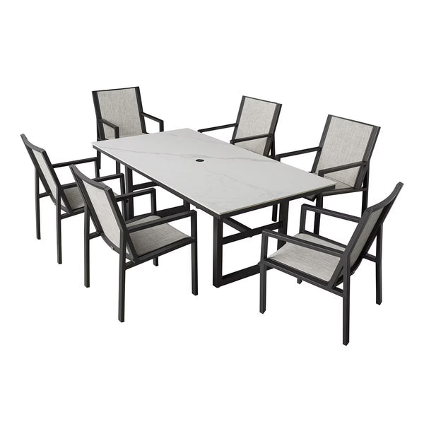 Agio Trinity 7 Piece Sling Dining Patio Set with Sintered Stone Table Top + Cover