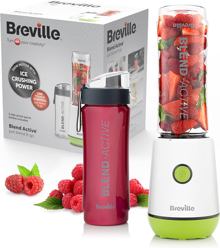 Breville Blend Active Personal Blender & Smoothie Maker | 350W | 2 Portable Blend Active Bottles (600Ml) | Leak Proof Lids | White & Green [VBL246]