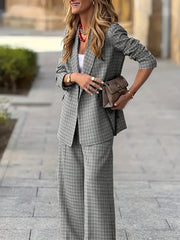 New Women'S Product: Lined Plaid Suit Jacket Top + Plaid Wide-Leg Pants Suit, Fashionable And Elegant for Commuting, Going Out, Professional Office, Street Style, Airport Daily Wear Suit Two-Piece Set, Suitable for Spring And Autumn Wear