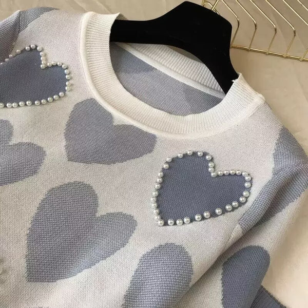 Women'S Korean-Style Heart-Shaped Printed Set - Short-Sleeved Beaded Top And Sweatpants, Casual Elegant Heart Pattern Outfit, Round Neck with Pockets, Casual Wear/Elegant /Beaded Details, Sweater Set
