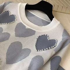Women'S Korean-Style Heart-Shaped Printed Set - Short-Sleeved Beaded Top And Sweatpants, Casual Elegant Heart Pattern Outfit, Round Neck with Pockets, Casual Wear/Elegant /Beaded Details, Sweater Set