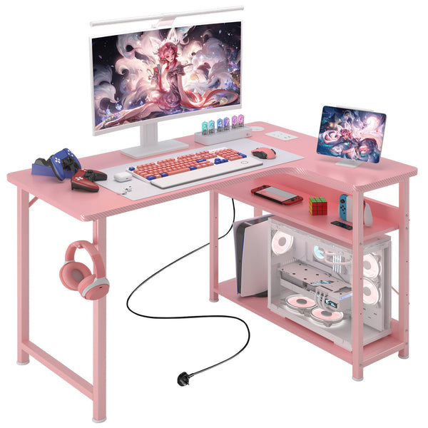 L Shaped Gaming Desk with Power Outlets Corner Computer Desk 110x80CM with Shelves Headphone Hook PC Table Workstation for Home Office Bedroom